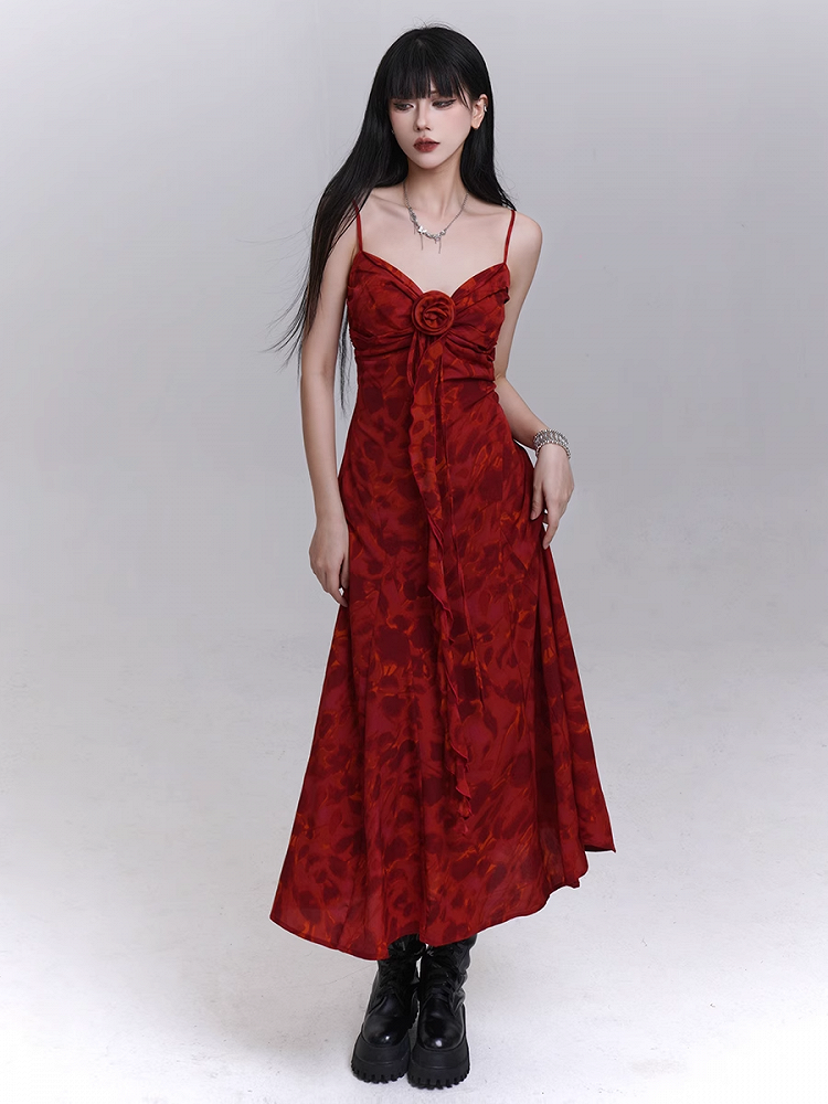 Red Sweetheart Neckline Cascading Ruffle Floral Cami Dress