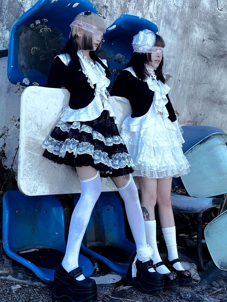 Detachable Bunny Ears Black Punk Tiered Skirt with Undies