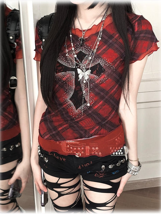 Y2K Red Plaid Pattern Rhinestone Embellished Cross Punk Glamorous Mesh T-Shirt