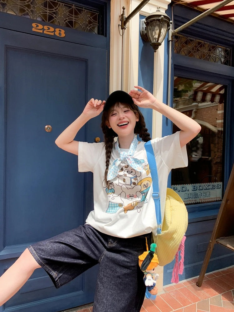 Adorable Animal Print White Round Neck Loose Cotton T-shirt