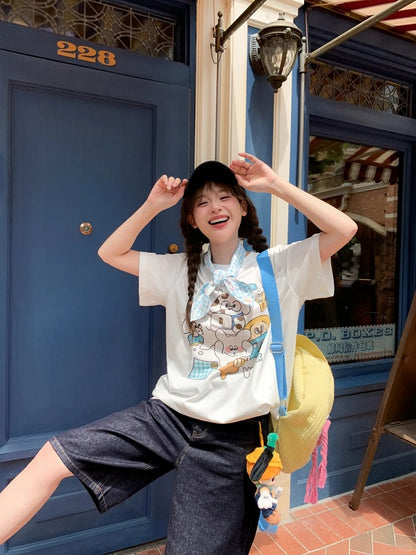 Adorable Animal Print White Round Neck Loose Cotton T-shirt