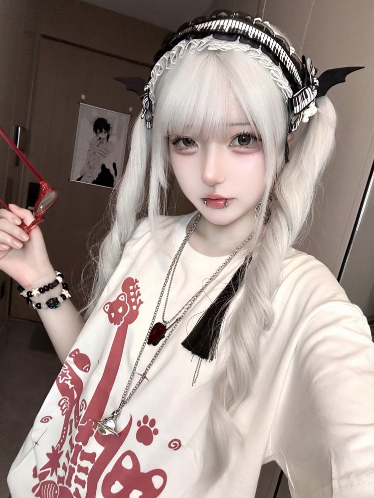 White and Red Punk Rock Guitar Print Jirai Kei T-Shirt with Guitar Pick Necklace