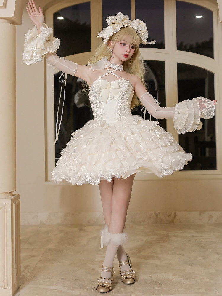 Creamy White Princess Embroidered Scallop Trim Tiered Skirt Lolita Dress