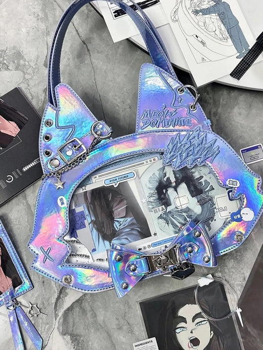 Kitty Ear Design Bowknot Studs Detail Blue PU Tote Bag Ita Bag with Free Card Holder