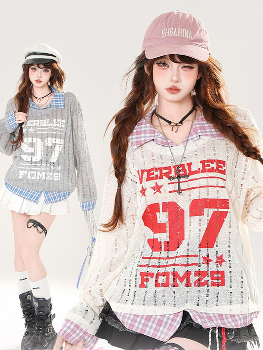 Plaid Hem Gray/White Distressed Holes Coverup Faux Two-pieces