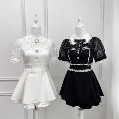 Black Jirai Kei Set -Shirt Collar Sweetheart Rhinestone Decoration Lace Shawl Top + Shorts + Bowtie