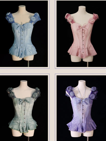 Green Flounce Hem Boned Corset Top with Detachable Floral Adornments