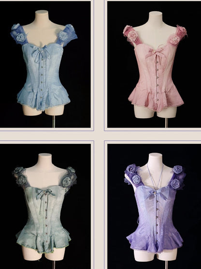 Green Flounce Hem Boned Corset Top with Detachable Floral Adornments