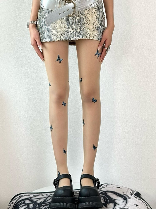 Nude/White/Black Butterfly Details Tights