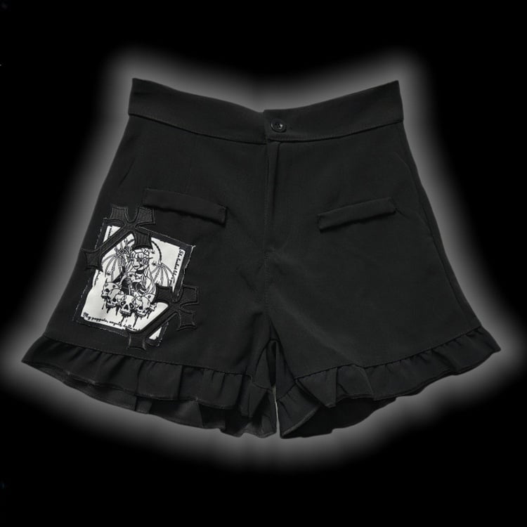 Gothic Black Cross Patches High Waist Ruffle Trim Shorts with Free Waist Chain