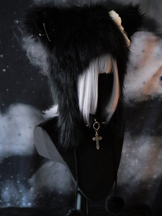 Black Gothic Pompon Charms Plush Cat Ear Hat With Pin Decorated Skeleton Applique Bone