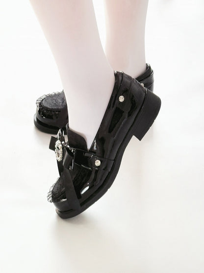 Black Bow at Top Jirai Kei Slip-in Fit Loafer Shoes