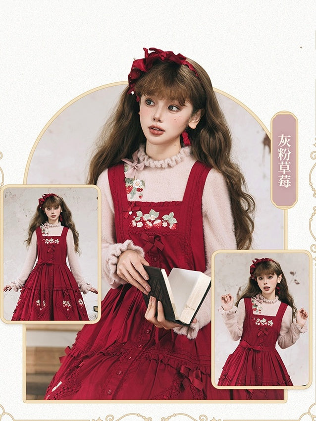 Strawberry Embroidery Neckline Bowknot on Cuffs Dusty Pink Autumn Knit Top