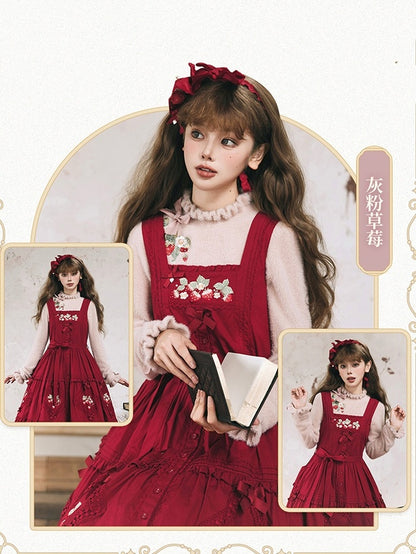 Strawberry Embroidery Neckline Bowknot on Cuffs Dusty Pink Autumn Knit Top