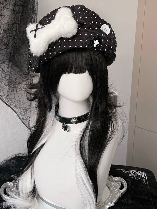 Black/White Polka-dot Pattern Button Decorated Beret Hat With Plush Bone