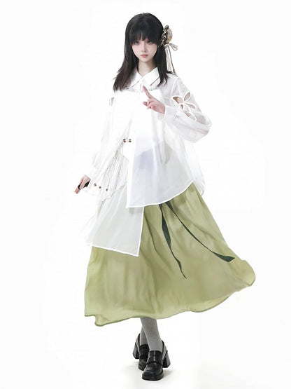 Green Cheongsam Style Elastic Waist Long Skirt with Waist Belt