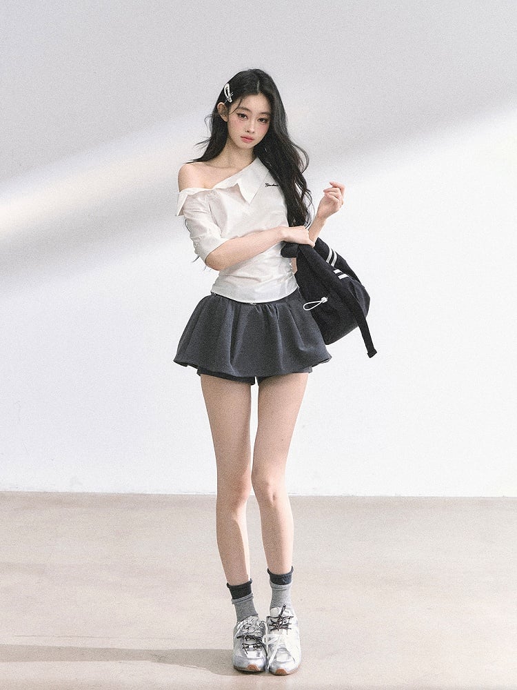 White Asymmetrical Neckline T-shirt Self-tie Bow at Back