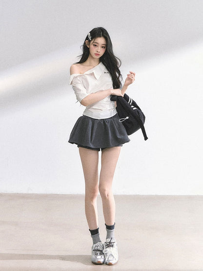 White Asymmetrical Neckline T-shirt Self-tie Bow at Back