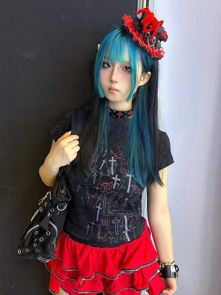 Black/White Skeleton and Cross Pattern Top