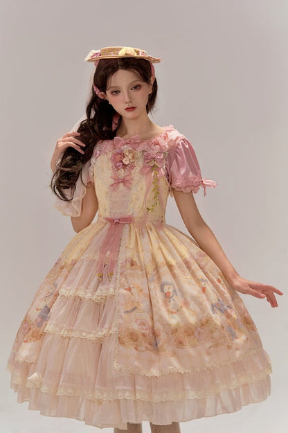 Clearance-Size XL for Bust 96-106CM Farm Ducks and Sunflowers Print Yellow Sweet Lolita Jumper Skirt