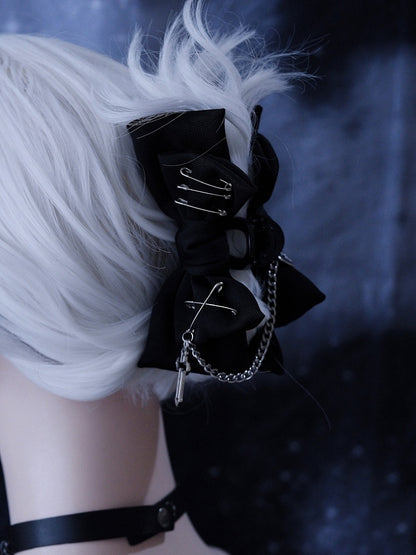 Gothic Pins Decorated Black Bow Claw Clip with Cross Chain