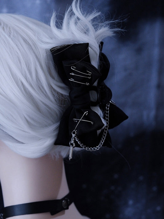 Gothic Pins Decorated Black Bow Claw Clip with Cross Chain