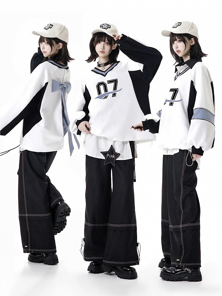 Black Straight-Leg Pants with Cuff Drawstring and Intricate Stitch Detailing