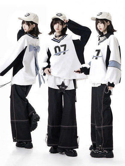 Black Straight-Leg Pants with Cuff Drawstring and Intricate Stitch Detailing