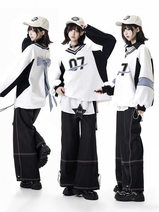 Black Straight-Leg Pants with Cuff Drawstring and Intricate Stitch Detailing