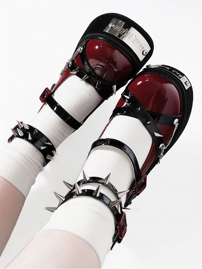 Studs and Chains Red and Black Gothic Punk Platform Block High Heels Ankle Straps