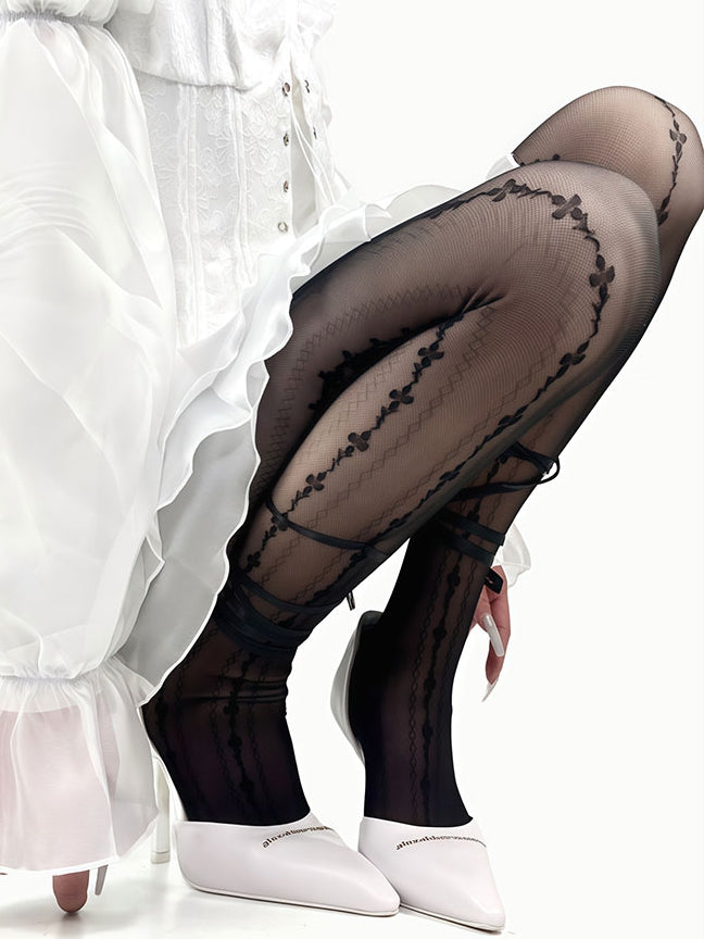 White/Black Y2K Floral Pattern Self-tie Straps Tights