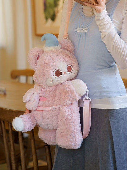 Pink Cute Plush Kitty Backpack/Crossbody Bag + Bowknot Decorated Rabbit Backpack Keychain