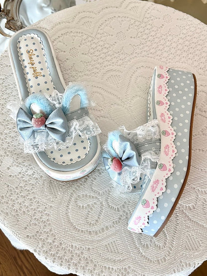Blue Sweet Lolita Bow Accents Lace Trim Plush Bunny Ear Platform Slippers