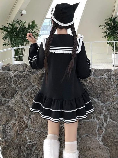 Jirai Kei Black Kitty Embroidery Sailor Collar Zip Closure Landmine Style Dress