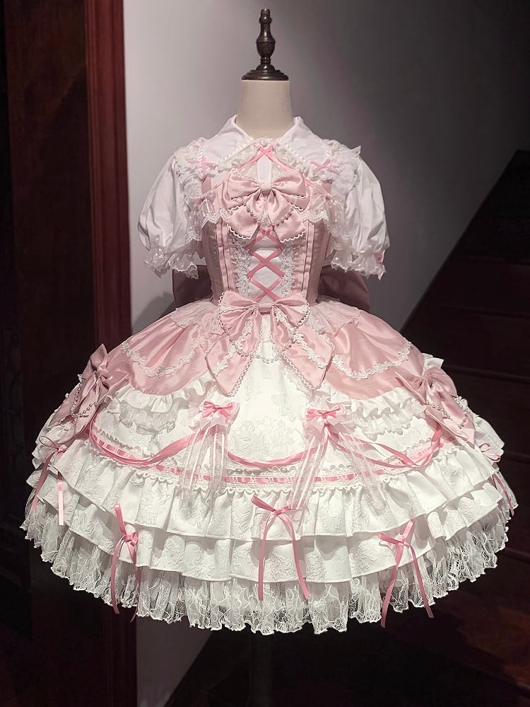 Sweet Bead Chain Bows Decorated White and Pink Tiered Skirt Lolita Dress