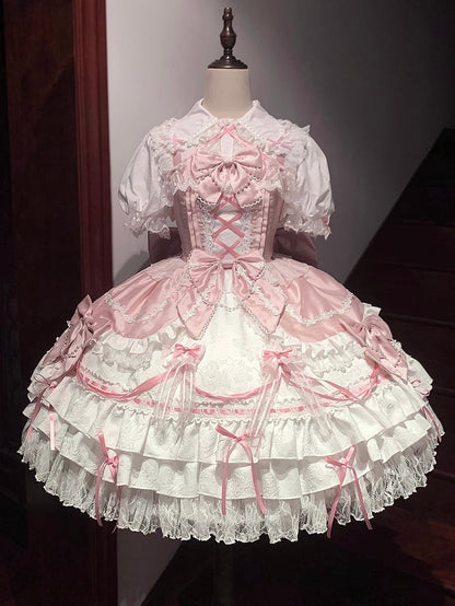 Sweet Bead Chain Bows Decorated White and Pink Tiered Skirt Lolita Dress