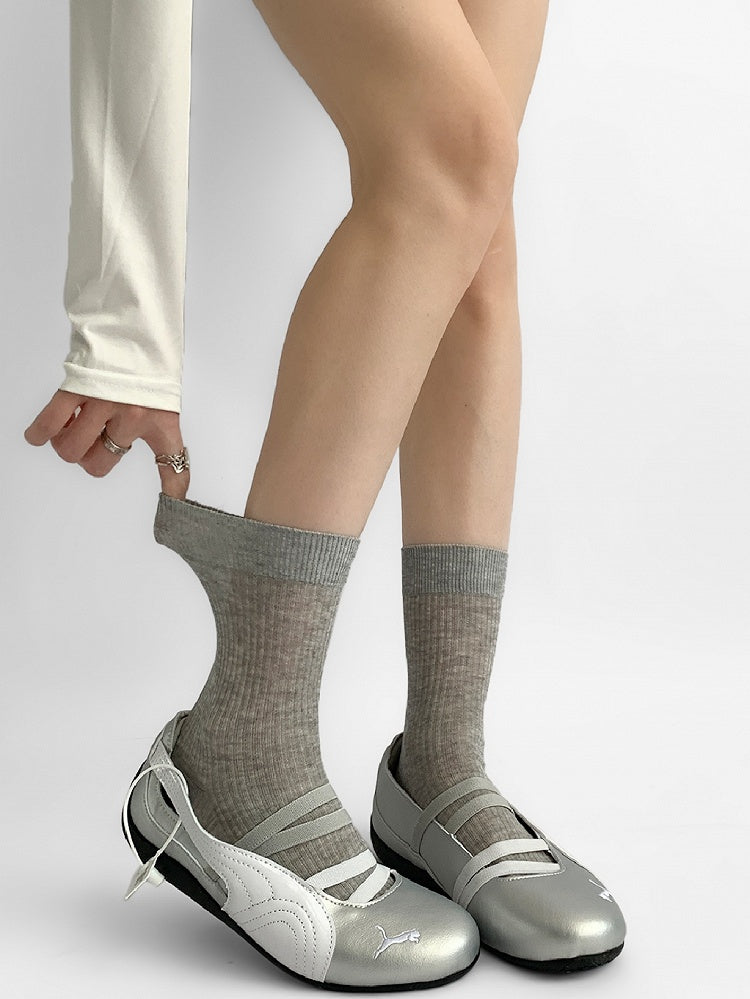 Black/Yellow/Gray/White/Blue Ribbed Trim Knitted Calf Socks