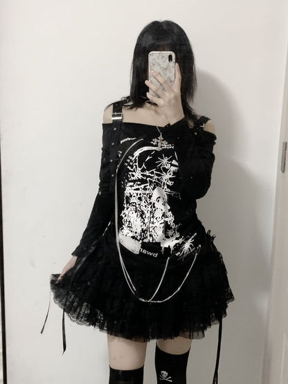 White Off-the-shoulder Neckline Skeleton Print Punk Top