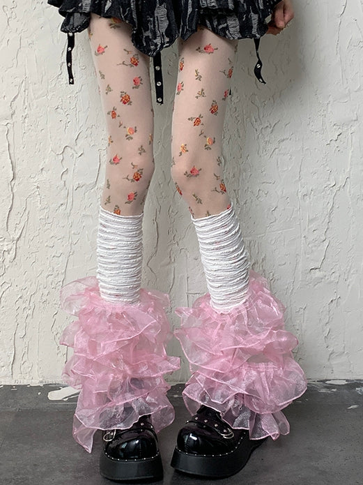 White&Pink Y2K Multi-layered Lace Trim Leg Sleeves