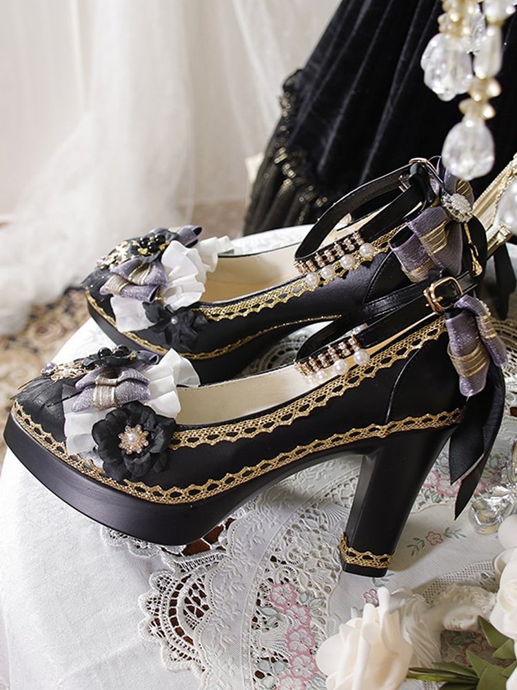 Black & Purple Bowknot and Floral 5.5CM/8CM Lolita Block Heels