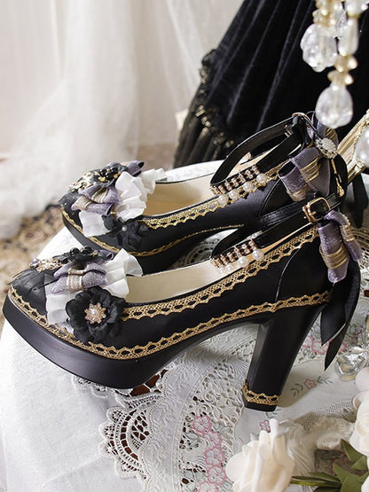 Black & Purple Bowknot and Floral 5.5CM/8CM Lolita Block Heels