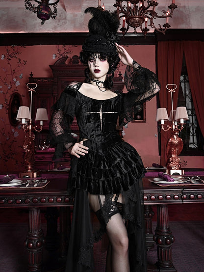 Halloween Gothic Black Cropped Velvet Top Bishop Lace Sleeves