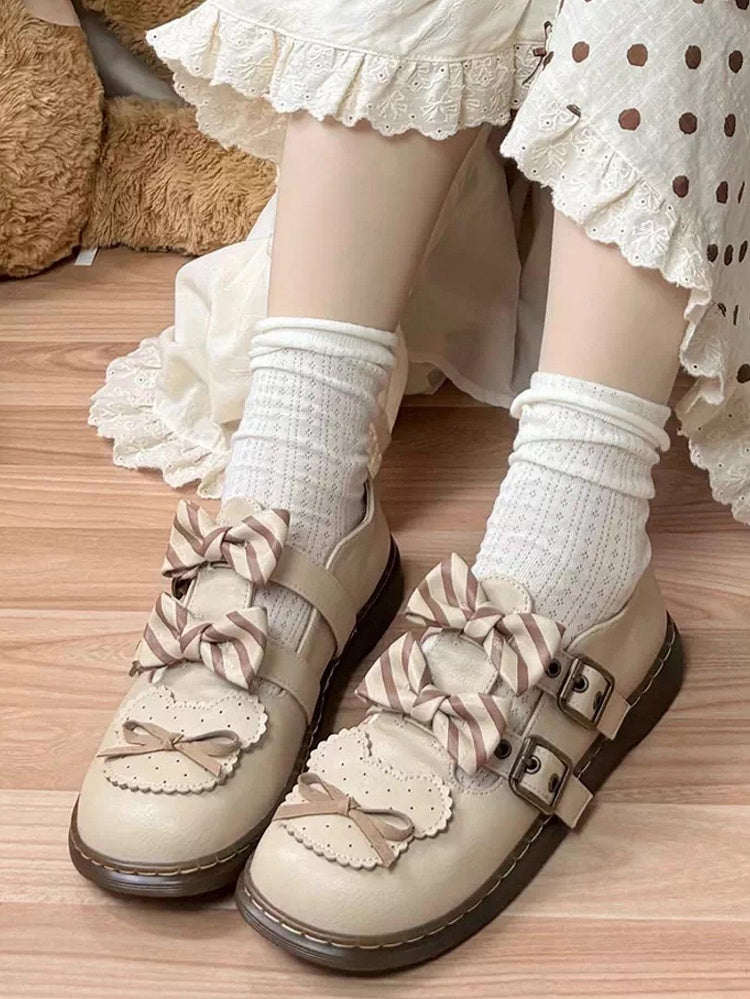 Beige Striped Pattern Bowknot Details Bear Design Lolita Flats