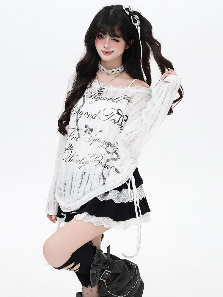 White/Black Letter And Bowknot Details Cutout Design Asymmetrical Neckline Long Sleeves Top