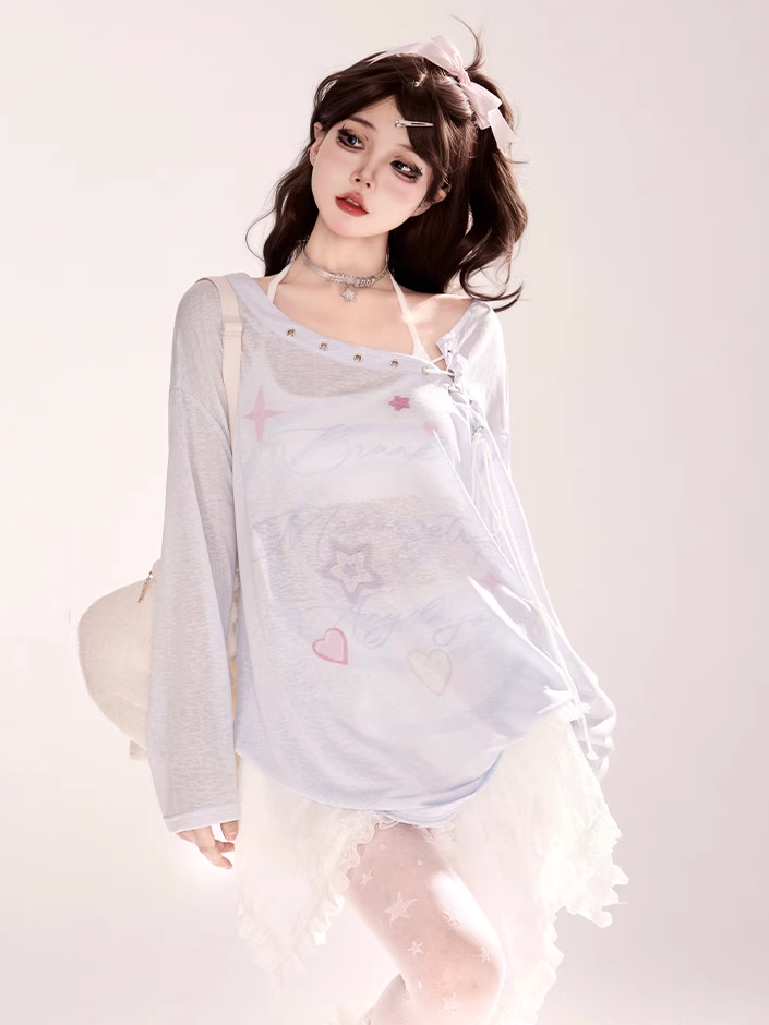 Lace-up Neckline Star Print Blue/White Semi-sheer Coverup