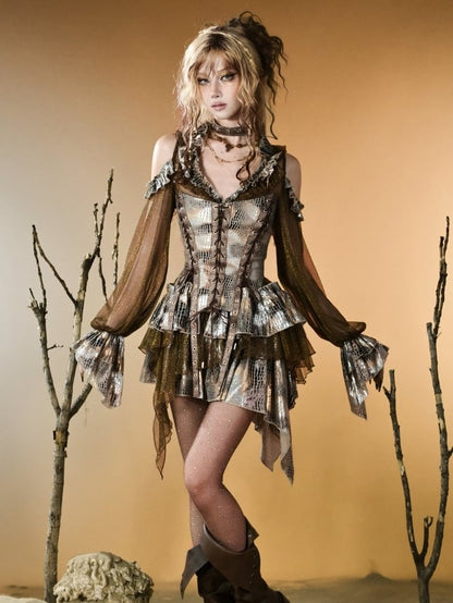 Dark Brown Wasteland Punk V-neck Semi-sheer Cutout Shoulder Design Long Sleeves Top