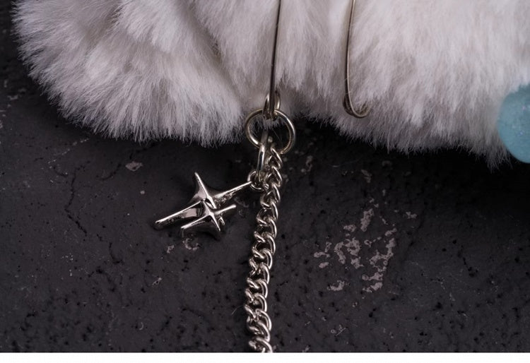 2 Options Star Charm Handmade White Plush Bone Hairclip with Chain