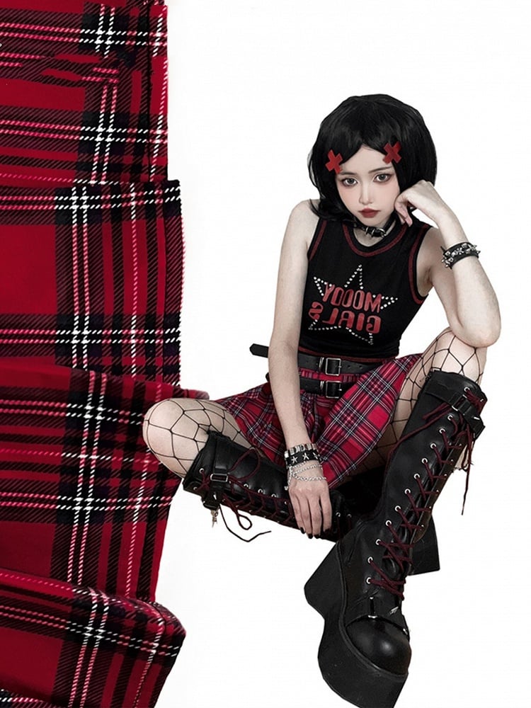 Black and Red Punk Goth Platform Boots Spike Studs Chains Knee-high Boots