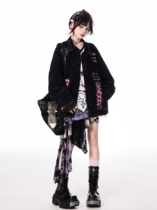 Pink Leopard Pattern Black Shirt Collar Faded Wash Vintage Denim Jacket