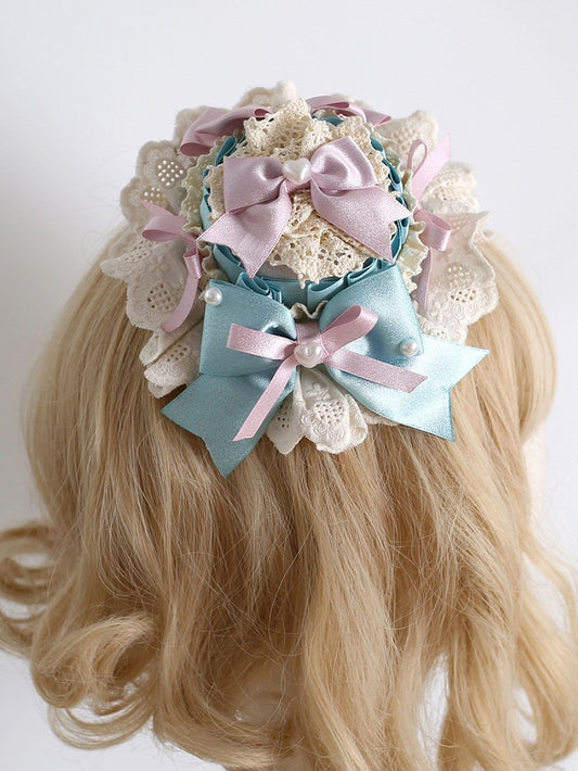 Pink&Blue Sweet Lolita Beaded Decorated Bowknot Details Mini Hat